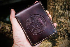 Handmade Leather Chinese Lion Tooled Mens billfold Wallet Cool Leather Wallet Slim Wallet for Men - imessengerbags