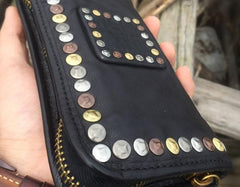 Genuine Leather Mens Cool Long Leather Wallet Biker Wallet Zipper Clutch Wallet for Men - imessengerbags