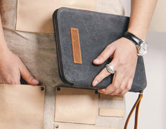 Gray Canvas Leather Mens Large Clutch Wallet Zipper Wristlet Bag Purse for Men