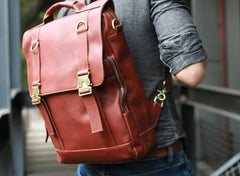 Red Brown Leather Mens Backpack Travel Backpacks Laptop Backpack for men