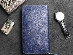 Handmade Leather Floral Mens Cool Travel Long Wallet Card Holder Card Slim Clutch Wallets for Men - imessengerbags