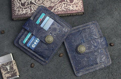 Handmade Leather Floral Mens Cool Front Pocket Wallet Short Wallet Card Holder Small Card Slim Wallets for Men