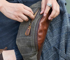 Canvas Leather Mens Fanny Pack Canvas Waist Bag Small Canvas Chest Bag for Men