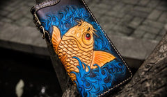Handmade Leather Men Tooled Carp Cool Leather Wallet Long Phone Wallets for Men - imessengerbags