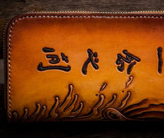 Handmade Leather Mens Clutch Wallet Cool Buddha&Demon Tooled Wallet Long Zipper Wallets for Men - imessengerbags