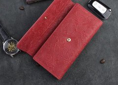 Handmade Leather Floral Mens Cool Travel Long Wallet Card Holder Card Trifold Clutch Wallets for Men - imessengerbags