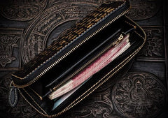 Handmade Leather Mens Chain Chinese Handwriting Biker Wallet Cool Leather Wallet Long Phone Wallets for Men
