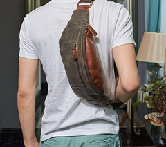 Canvas Leather Mens Fanny Pack Canvas Waist Bag Small Canvas Chest Bag for Men