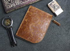 Handmade Leather Floral Mens Front Pocket Wallet Cool Slim Leather Wallet Men billfold Wallets Bifold for Men - imessengerbags