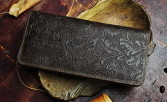 Handmade Leather Floral Mens Cool Travel Long Wallet Card Holder Card Slim Clutch Wallets for Men - imessengerbags
