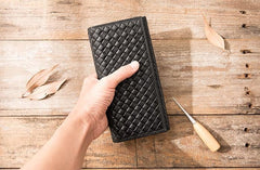 Cool Black Braided Leather Mens Long Wallet Long Wallet for Men - imessengerbags
