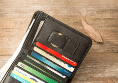 Black Cool Leather Mens Small Wallet Trifold Vintage billfold Wallet for Men - imessengerbags