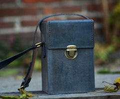 Handmade Gray Leather Mens Small Box Bag Shoulder Bag Messenger Bag for Men - imessengerbags
