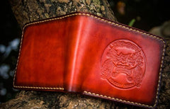 Handmade Leather Chinese Lion Tooled Mens billfold Wallet Cool Leather Wallet Slim Wallet for Men - imessengerbags