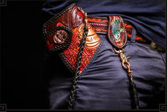 Handmade Leather Tooled Carp Mens Chain Biker Wallet Cool Leather Wallet Long Phone Wallets for Men