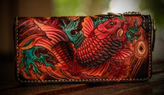 Handmade Leather Tooled Carp Mens Chain Biker Wallet Cool Leather Wallet Long Phone Wallets for Men