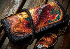 Handmade Leather Tooled Carp Mens Chain Biker Wallet Cool Leather Wallet Long Phone Wallets for Men