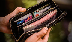 Handmade Leather Mens Chain Chinese Handwriting Biker Wallet Cool Leather Wallet Long Phone Wallets for Men - imessengerbags
