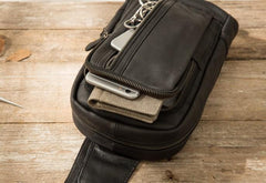 Leather Mens Black Sling Bag Sling Shoulder Bag Sling Backpack for men