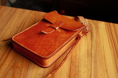 Handmade Vintage Leather Mens Small Messenger Bag Brown Cell Phone Shoulder Bag for Men