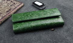 Handmade Leather Floral Mens Cool Travel Long Wallet Card Holder Card Trifold Clutch Wallets for Men - imessengerbags