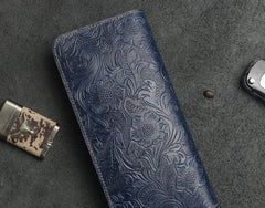 Handmade Leather Floral Mens Cool Travel Long Wallet Card Holder Card Slim Clutch Wallets for Men - imessengerbags