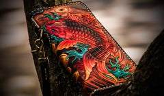 Handmade Leather Tooled Carp Mens Chain Biker Wallet Cool Leather Wallet Long Phone Wallets for Men