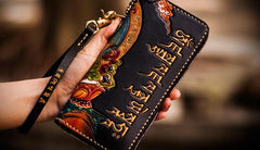 Handmade Leather Tooled Yellow Jambhala Mens Chain Biker Wallet Cool Leather Wallet Zipper Long Phone Wallets for Men - imessengerbags