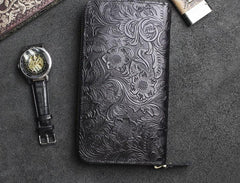 Handmade Leather Floral Mens Cool Travel Long Wallet Card Holder Card Slim Clutch Wallets for Men - imessengerbags