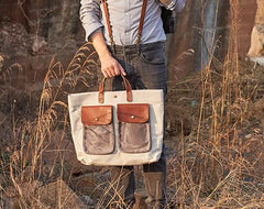 Mens Leather Canvas Large Handbag Canvas Tote Bag Canvas Briefcase for Men