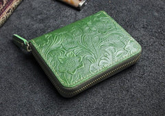 Handmade Leather Floral Mens Zipper Cool billfold Wallet Card Holder Small Card Slim Wallets for Men - imessengerbags