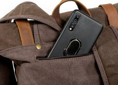 Green Waxed Canvas Leather Mens Cool Backpack Canvas Travel Backpack Canvas School Backpack for Men