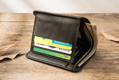 Black Cool Leather Mens Small Wallet Trifold Vintage billfold Wallet for Men - imessengerbags
