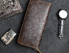 Handmade Leather Floral Mens Cool Travel Long Wallet Card Holder Card Slim Clutch Wallets for Men - imessengerbags