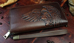 Handmade Leather Mens Tooled Indian Cool Zipper Phone Travel Long Wallet Card Holder Card Slim Clutch Wallets for Men - imessengerbags