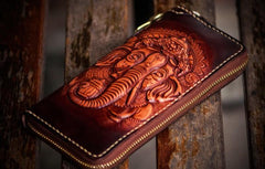 Handmade Leather Tooled Ganesh Mens Chain Biker Wallet Cool Leather Wallet Zipper Long Phone Wallets for Men