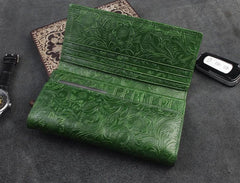 Handmade Leather Floral Mens Cool Travel Long Wallet Card Holder Card Trifold Clutch Wallets for Men - imessengerbags