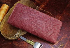 Handmade Leather Floral Mens Cool Travel Long Wallet Card Holder Card Slim Clutch Wallets for Men - imessengerbags