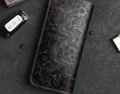 Handmade Leather Floral Mens Cool Travel Long Wallet Card Holder Card Slim Clutch Wallets for Men - imessengerbags