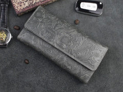 Handmade Leather Floral Mens Cool Travel Long Wallet Card Holder Card Trifold Clutch Wallets for Men - imessengerbags