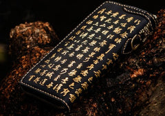 Handmade Leather Mens Chain Chinese Handwriting Biker Wallet Cool Leather Wallet Long Phone Wallets for Men