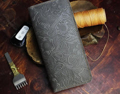 Handmade Leather Floral Mens Cool Travel Long Wallet Card Holder Card Slim Clutch Wallets for Men - imessengerbags
