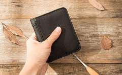 Black Cool Leather Mens Small Wallet Trifold Vintage billfold Wallet for Men - imessengerbags