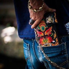 Handmade Leather Monster Mens Chain Biker Wallet Cool Leather Wallet Long Phone Wallets for Men