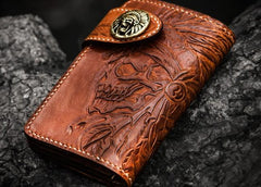 Handmade Leather Tooled Skull Indian Chief Biker Wallet Mens Cool Short Chain Wallet Trucker Wallet with Chain - imessengerbags