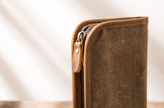 Cool Canvas Leather Mens Bifold Long Wallet Zipper Long Wallet for Men - imessengerbags
