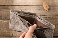 Cool Leather Mens Gray Small Wallet Bifold Vintage Slim billfold Wallet for Men - imessengerbags