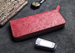 Handmade Leather Floral Mens Cool Travel Long Wallet Card Holder Card Slim Clutch Wallets for Men - imessengerbags