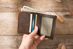 Coffee Cool Leather Mens Small Wallets Bifold Vintage Slim billfold Wallet for Men - imessengerbags