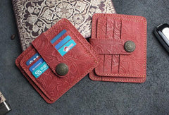 Handmade Leather Floral Mens Cool Front Pocket Wallet Short Wallet Card Holder Small Card Slim Wallets for Men